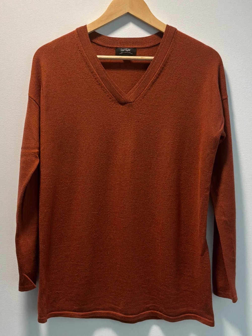 Lord & Taylor Extra Fine Merino Wool V-Neck Sweater Rust Terracotta Size S